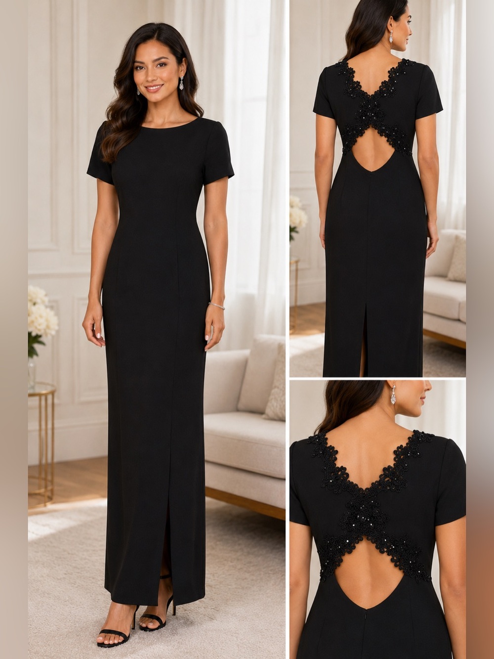 Maggie London by Kenneth Nolan Black Evening Dress Size 8. Open Back Beaded Lace
